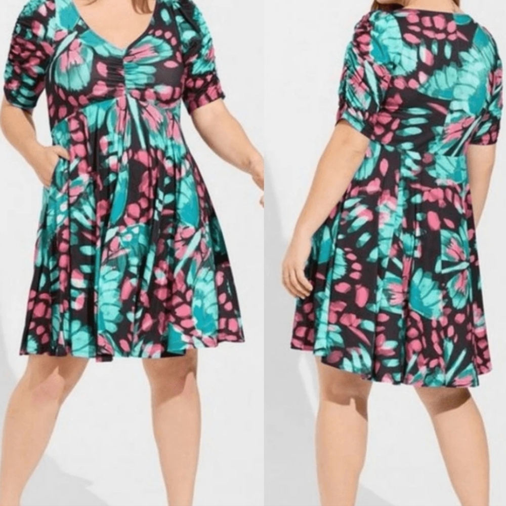 torrid Black Floral Print Mini Dress with Teal & Pink Accents